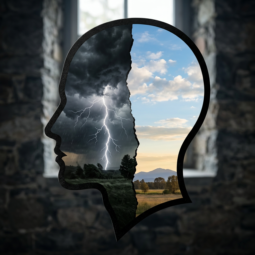 Head silhouette split showing storm with lightning on left and clear sky with clouds on right