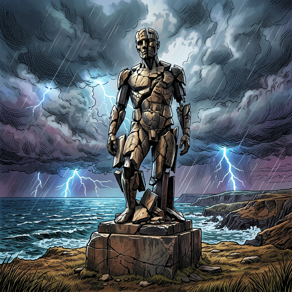 Cracked humanoid stone statue on cliff overlooking stormy sea with lightning