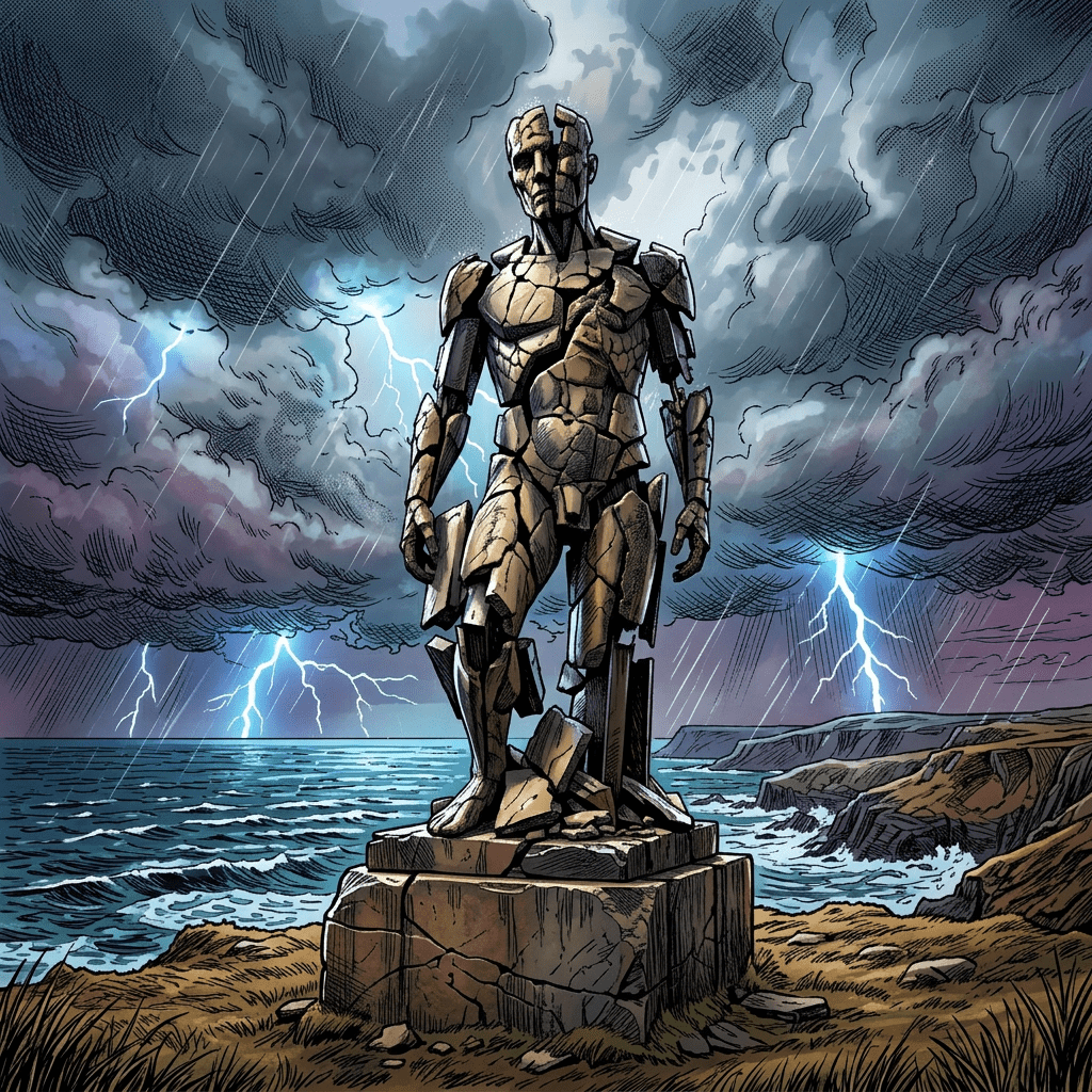 Cracked humanoid stone statue on cliff overlooking stormy sea with lightning
