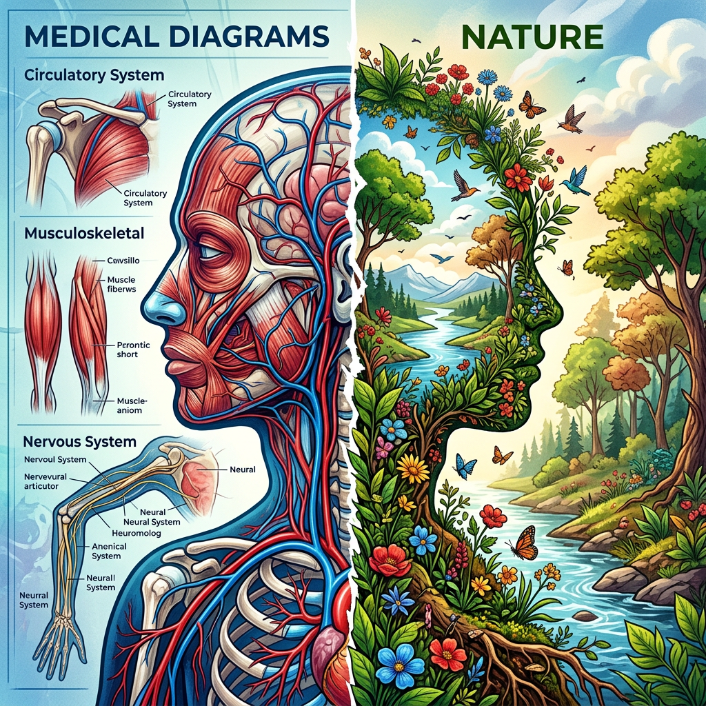 Split image of human anatomical systems on left and flourishing natural landscape on right