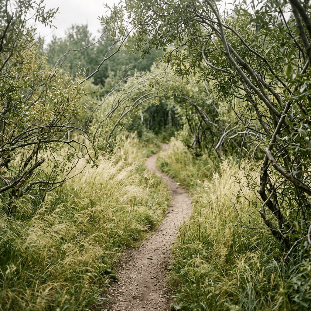 Narrow dirt trail surrounded by tall grass and arching tree branches in a forest